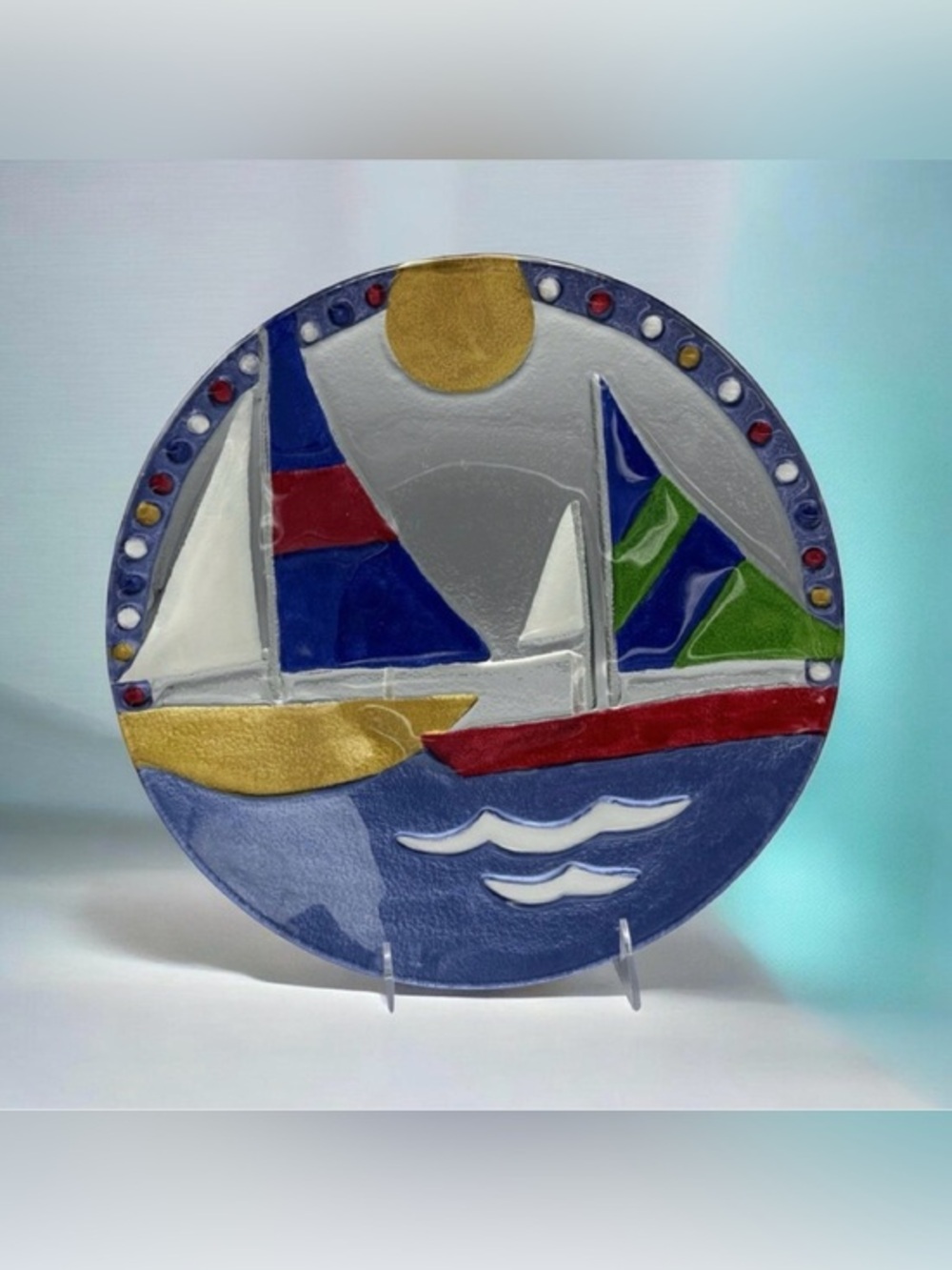 Lori Siebert for Silvestri Art Glass Sailboat Lake Plate Platter Hand Blown 11"